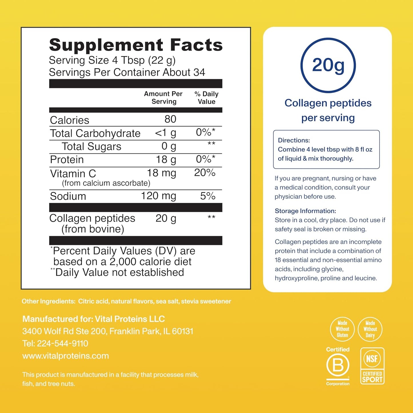 Vital Proteins Collagen Peptides Powder, Promotes Hair, Nail, Skin, Bone and Joint Health, Lemon 26.5 Ounce Best by 4/10/25